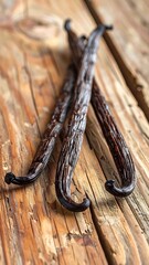 Close-up of several dark vanilla bean pods on a weathered wooden surface