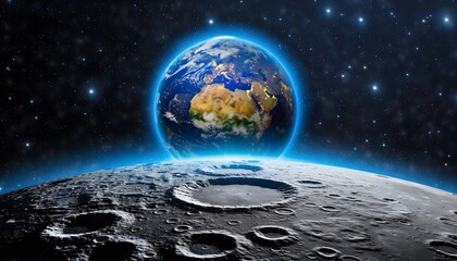 A stunning view of planet Earth glowing with a blue aura, seen from the surface of the Moon with its craters.