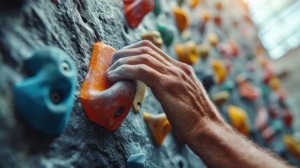 climbing training session concept. Close-up of a hand gripping a climbing hold on a rock wall.