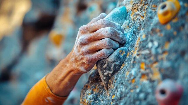 climbing training session concept. Close-up of a climber&rsquo;s hand gripping a rock hold.