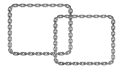 Two metallic chain frames interlinked, creating a strong visual of connection and borders
