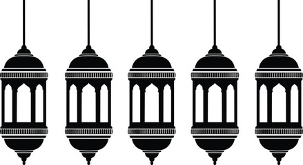 Five black Islamic lanterns hanging in a row on white background Ramadan celebration © Mokarrm Art