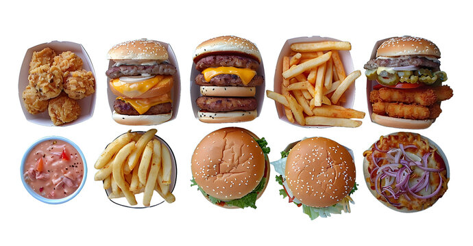 Set of fast food dishes on white background. Cheeseburger, roast, showarma, sandwiche, pizza slices, chicken nuggets High quality photo