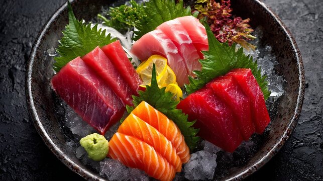 Close up view of Japanese sashimi platter featuring colorful raw fish slices served ice with shiso leaves and wasabi placed against dark black textured backdrop