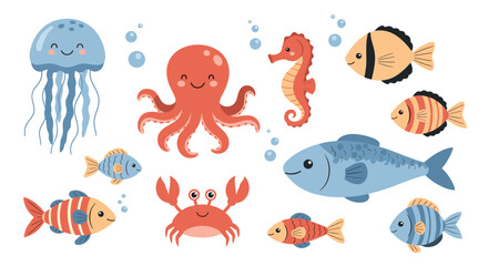 Adorable illustration of various happy marine life characters like fish, octopus, jellyfish, seahorse, and crabs, presented on a clean white background.