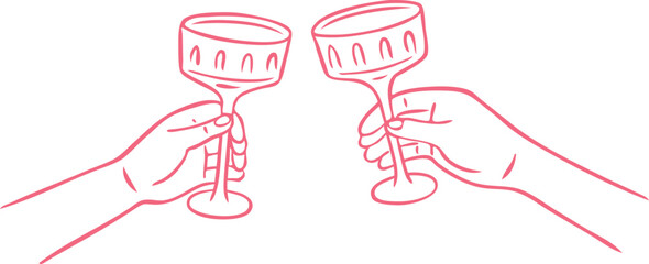 Friends hands holding champagne glasses and cheers or drinking toast to celebrate, vector pink line art beverage clink