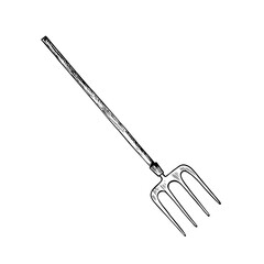 Garden pitchfork. Black and white vector illustration drawn by hand. Garden and farm pitchfork with wooden handle. Concept of an agricultural tool. Design element.