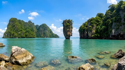 A stunning panoramic view of the iconic Island with turquoise waters and lush green limestone karsts.