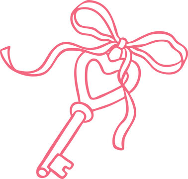 Key decorated ribbon bow line art, pink hand drawn vintage key heart shape holder, vector doodle romantic love symbol