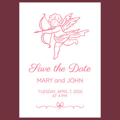 Cupid baby flies with crossbow on wedding invitation card line art fancy design, pink doodle angel archer with wings