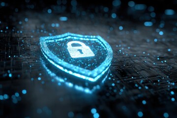 Glowing blue digital shield with padlock symbol highlights cybersecurity concepts and protective measures in a virtual environment