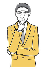 顎に手をあててニヤニヤしているスーツの中年男性（シンプル・上半身）