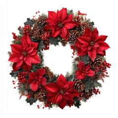 Fototapeta premium Festive wreath with red poinsettias.