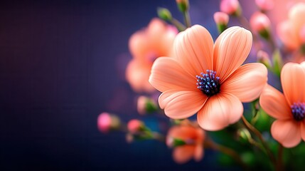 Beautiful peach colored flowers on a dark background with green leaves and buds