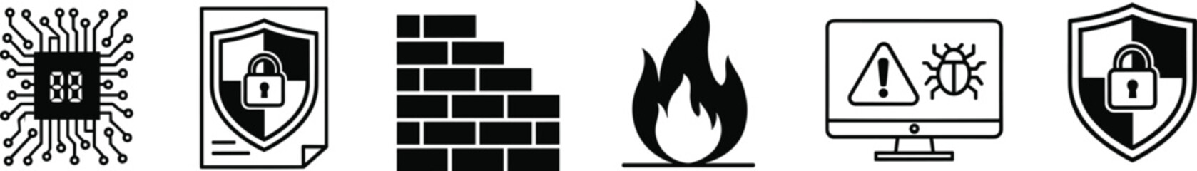 Cyber Security and Data Protection Icon Set &ndash; Professional Network Safety, Firewall, and Privacy Line Art Vectors Isolated on Transparent Background