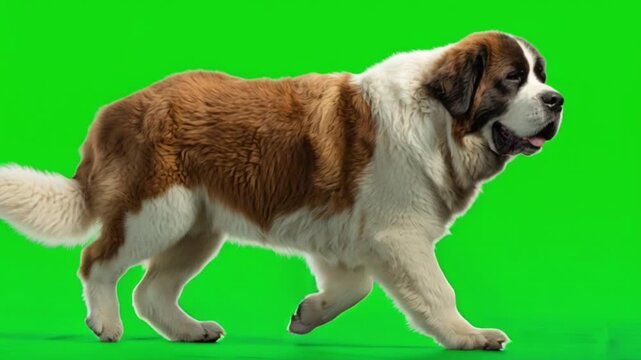 Majestic Saint Bernard dog walking on green screen