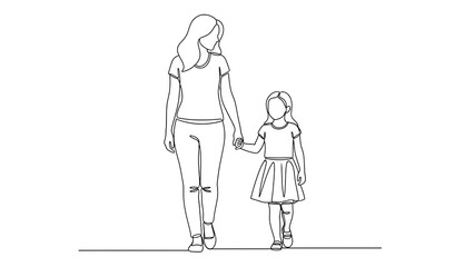 Obraz premium A single continuous line art drawing illustrating a mother and daughter walking together