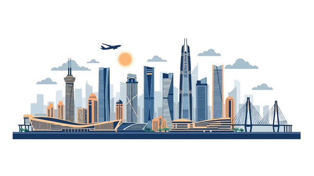 A vibrant cityscape illustration showcasing modern skyscrapers and a bridge against a setting sun, with a plane flying overhead