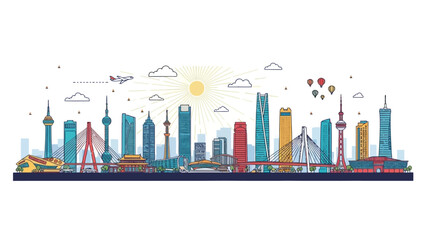 Obraz premium A vibrant cityscape illustration showcasing modern skyscrapers, bridges, and airplanes under a bright sun, representing urban development and travel