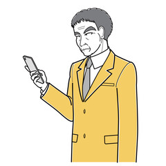 スマートフォンを見ているスーツの中年男性・斜め左向き（シンプル・上半身）