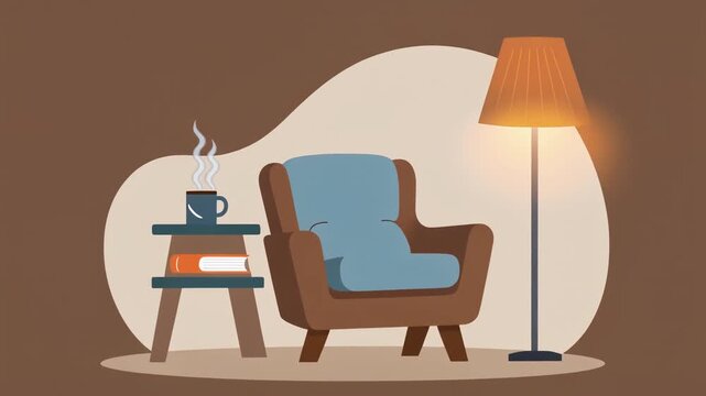Relaxing reading corner with comfortable armchair and warm lighting in cozy home setting