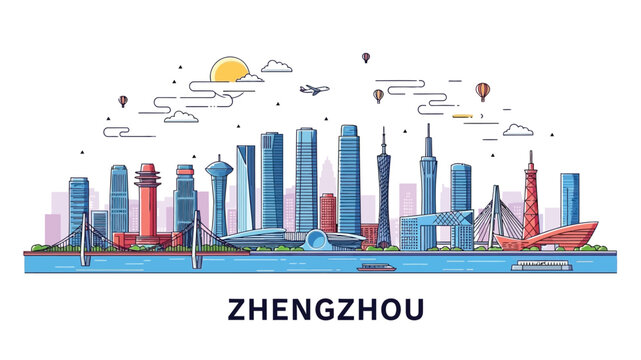 Vibrant line art illustration capturing the dynamic Zhengzhou city skyline, showcasing modern architectural wonders and iconic landmarks against a sunny backdrop, ideal for urban travel concepts
