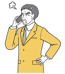 スマートフォンで電話しながら怒っているスーツの中年男性（シンプル・上半身）