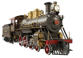 Naklejka premium Vintage steam locomotive train with gold accents and red details on transparent background, classic transportation model.