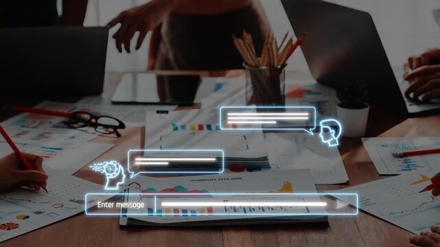 Engaging image of collaborative digital communication in a business environment showcasing charts and graphs on a workspace, emphasizing teamwork and productivity. Raster