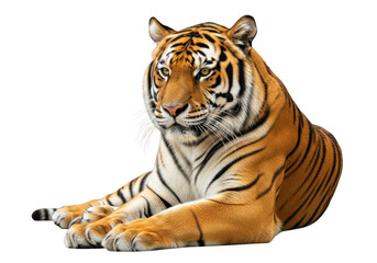 Obraz premium Majestic tiger lying down, showcasing its striking orange and black stripes against a solid black background.