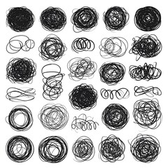 Collection of scribbled circular and irregular black line drawings