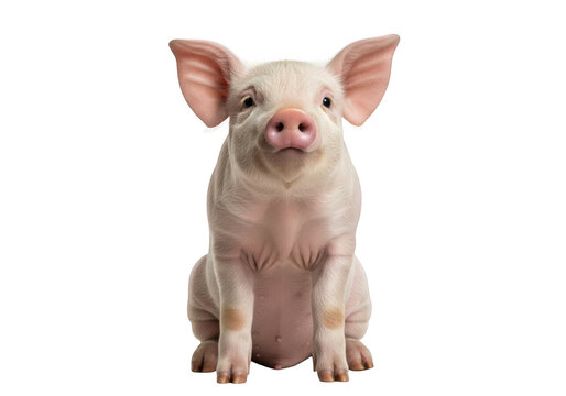 Adorable pink piglet sitting on transparent background, looking up with big ears and curious expression.