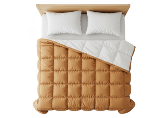 Cozy bedroom setup with brown comforter and white pillows on a wooden bed frame, top-down view.