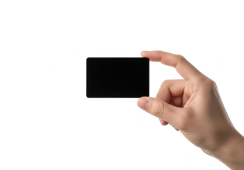 Hand holding a black blank card isolated on transparent background