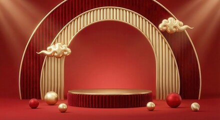 Elegant Golden Arch Podium Stage on Vibrant Red Background with Clouds.