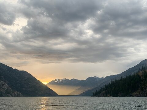 Lake Sunset Reflection Landscape – Colorful Sky Over Calm Water - Powered by Adobe