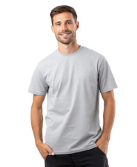 Young smiling man wearing casual grey t-shirt, isolated on transparent background