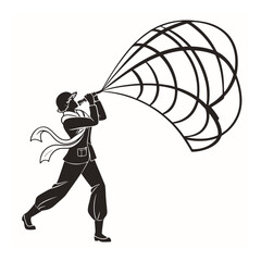 Person holding a web while standing in a strong pose on a solid background during a creative design session