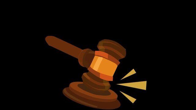 Cartoon wooden judge gavel striking sounding block on transparent background.