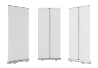 Three blank rollup banner stands isolated on transparent background