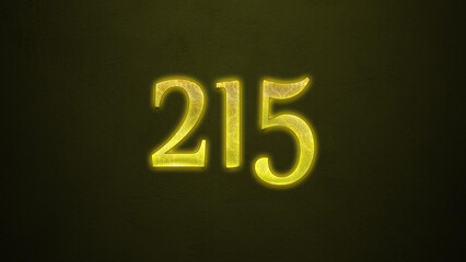 Neon glowing yellow number of 215 on dark background.
