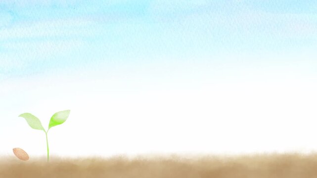 土から芽生えた新芽と青空の春フレーム。希望と始まりのコンセプトの水彩画アニメーション。