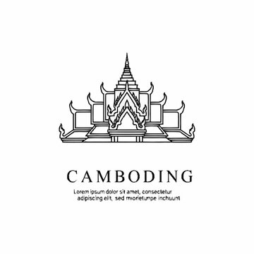 Line art illustration of a traditional Cambodian temple or palace architecture with tiered roofs and ornate details, featuring the text 'CAMBODING'.