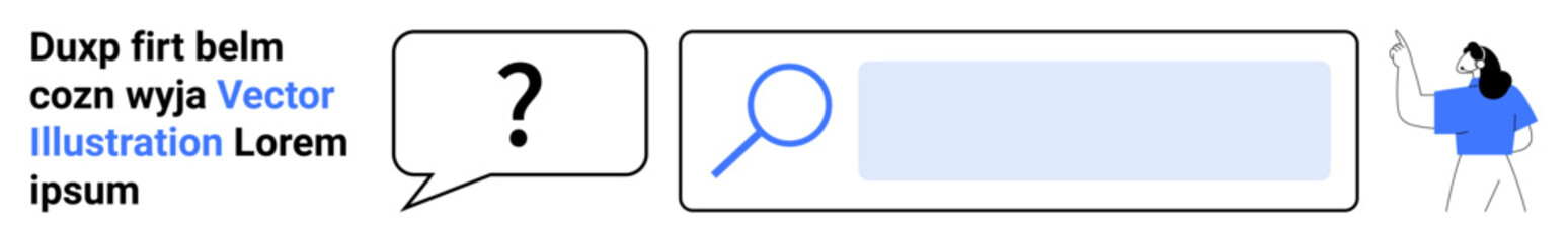 Obraz premium Online search, browsing, user inquiry, research tools, digital questions, knowledge sharing. Speech bubble, search bar magnifying glass and a woman pointing. Online search and browsing tools