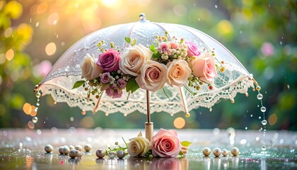Elegant floral umbrella decorated with pastel roses and pearls high resolution image