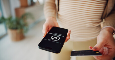 Hands, phone screen and credit card in home for ecommerce, check icon and easy payment in lounge....