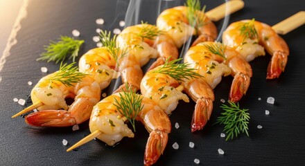Grilled shrimp skewers with herbs and salt on black background  