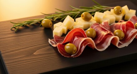 Assorted meats and cheese platter with olives and rosemary on wooden board  