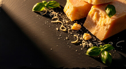 Aged cheese slices garnished with basil leaves on dark background  