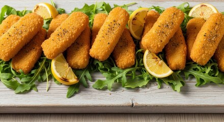 Breaded fish sticks served with lemon wedges on fresh arugula  
